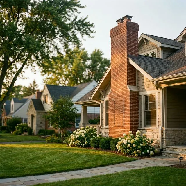 Beautiful suburban home with brick chimney at golden hour